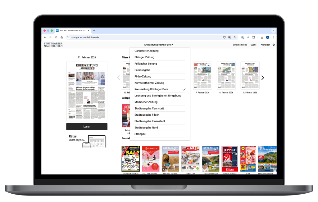 Oben zentriert können Sie Ihre gewünschte Lokalausgabe auswählen