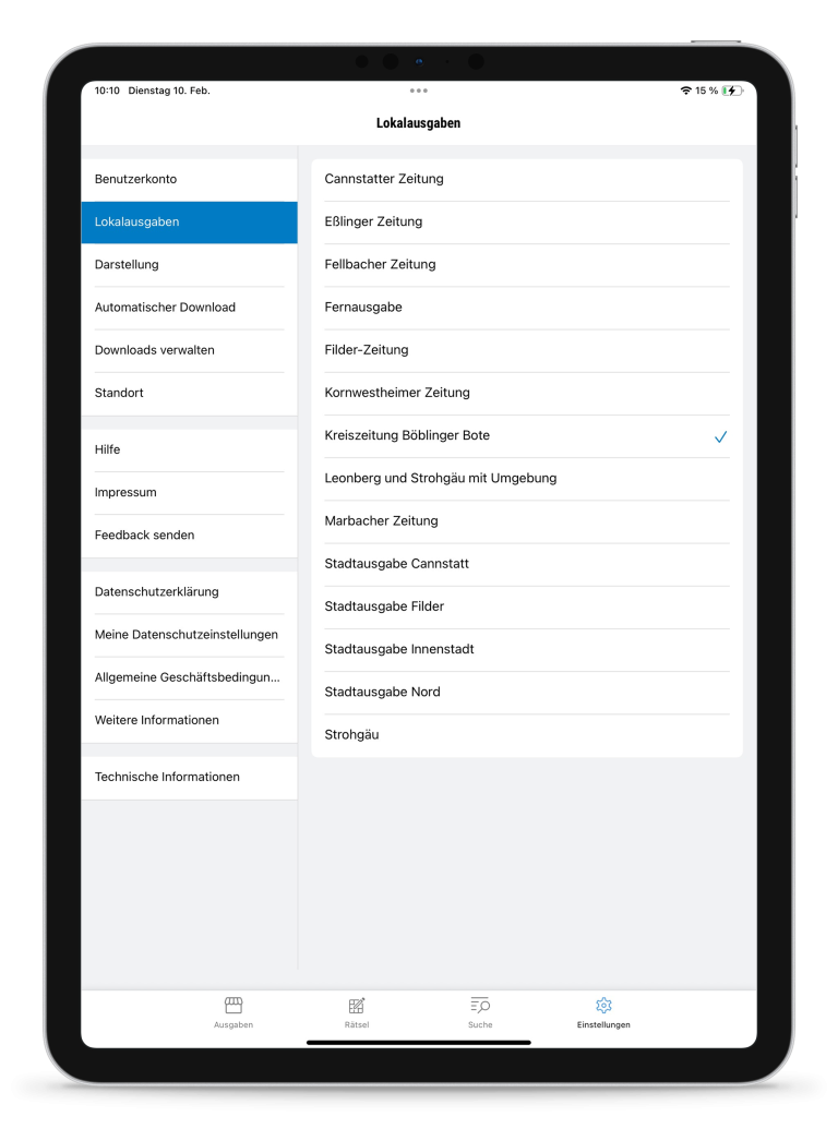 Dann unter "Lokalausgaben" die gewünschte Lokalausgabe auswählen